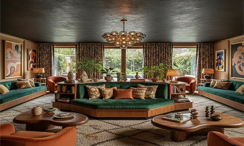 Velvet Dreams & Burlwood Realms: Modern Maximalist Living Rooms with a 70s Conversation Pit Heart